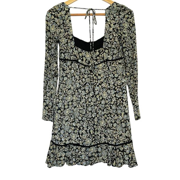 Free People Boheme Mini Dress Womens Size 4 Black Combo Long Sleeve Boho Ruffle - Picture 8 of 14